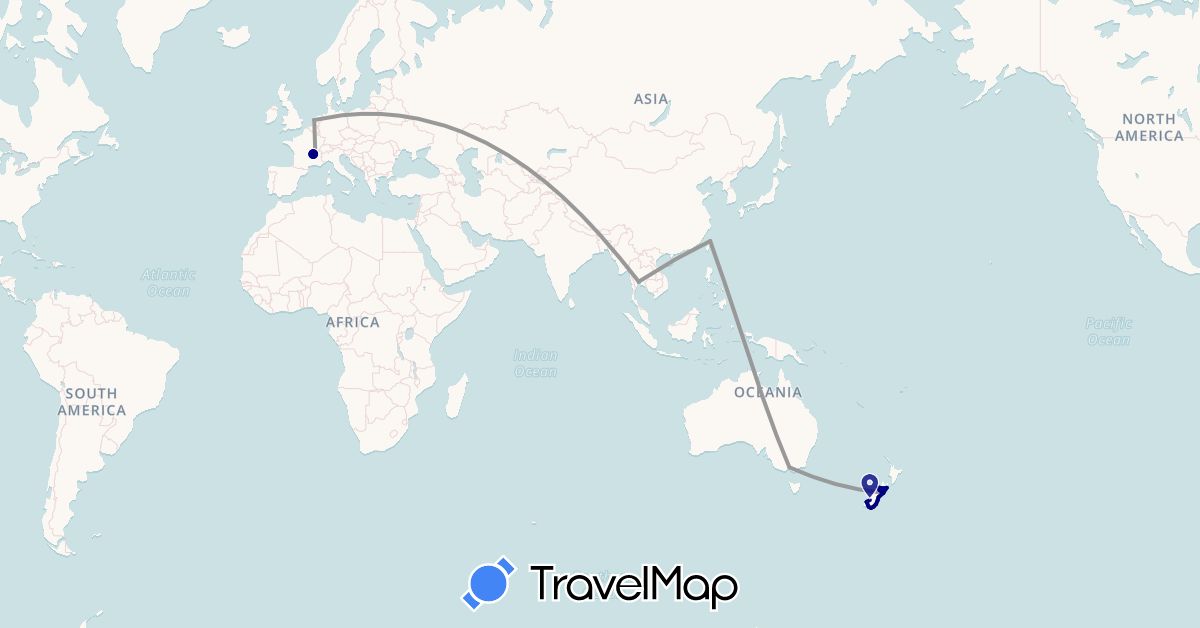 TravelMap itinerary: driving, plane in Australia, France, Netherlands, New Zealand, Thailand, Taiwan (Asia, Europe, Oceania)